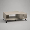 Table basse rectangulaire en bois avec rangement, porte à lattes et pieds en acier, beige et noir, 100 × 60 × 40 cm