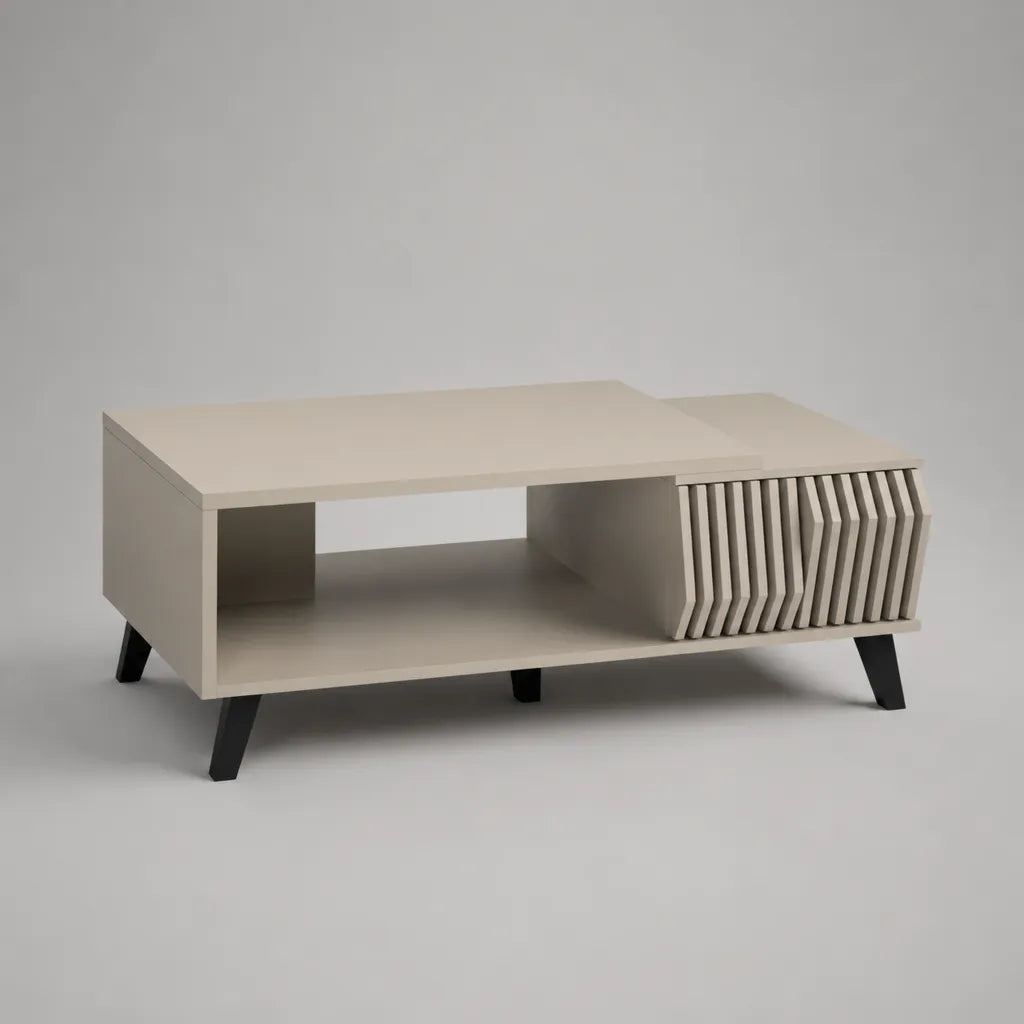 Table basse rectangulaire en bois avec rangement, porte à lattes et pieds en acier, beige et noir, 100 × 60 × 40 cm