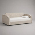 Lit banquette 1 place en bois et tissu beige clair avec sommier à lattes, couchage 90 × 200 cm, dimensions 215 × 105 × 91 cm