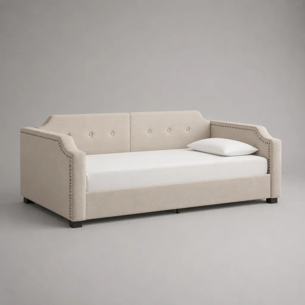Lit banquette 1 place en bois et tissu beige clair avec sommier à lattes, couchage 90 × 200 cm, dimensions 215 × 105 × 91 cm
