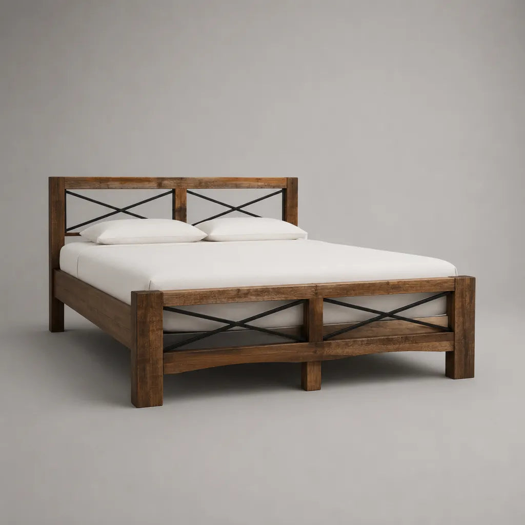 Cadre de lit double 160 × 200 cm en bois massif brun et métal noir