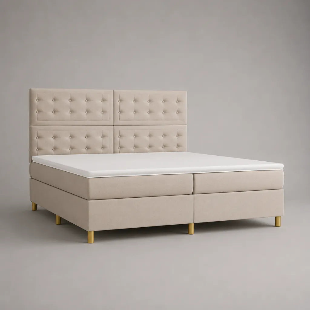 Lit boxspring double en tissu beige avec 2 matelas, surmatelas et tête de lit capitonnée, couchage 160 x 200 cm, dimensions 210 x 170 x 140 cm