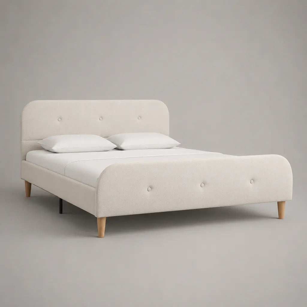 Lit double rembourré 160 x 200 cm en polyester bouclé écru avec tête et pied de lit capitonnés