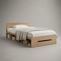 Lit double avec rangements en panneaux de particules mélaminés, couchage 140 × 200 cm, dimensions 210 × 150 × 90 cm, chêne naturel
