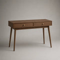 Bureau rectangulaire à 2 tiroirs en MDF plaqué noyer et bois massif, brun noyer et laiton, 100 × 50 × 75 cm