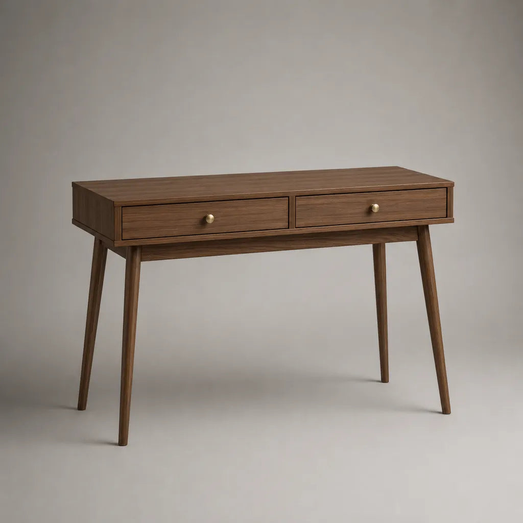 Bureau rectangulaire à 2 tiroirs en MDF plaqué noyer et bois massif, brun noyer et laiton, 100 × 50 × 75 cm