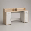 Bureau rectangulaire avec surmeuble, 2 tiroirs et 2 placards en panneaux de particules mélaminés, chêne clair et blanc, 140 × 55 × 110 cm