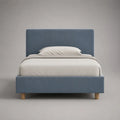 Lit simple rembourré en velours bleu gris 90 × 200 cm avec tête de lit et sommier à lattes