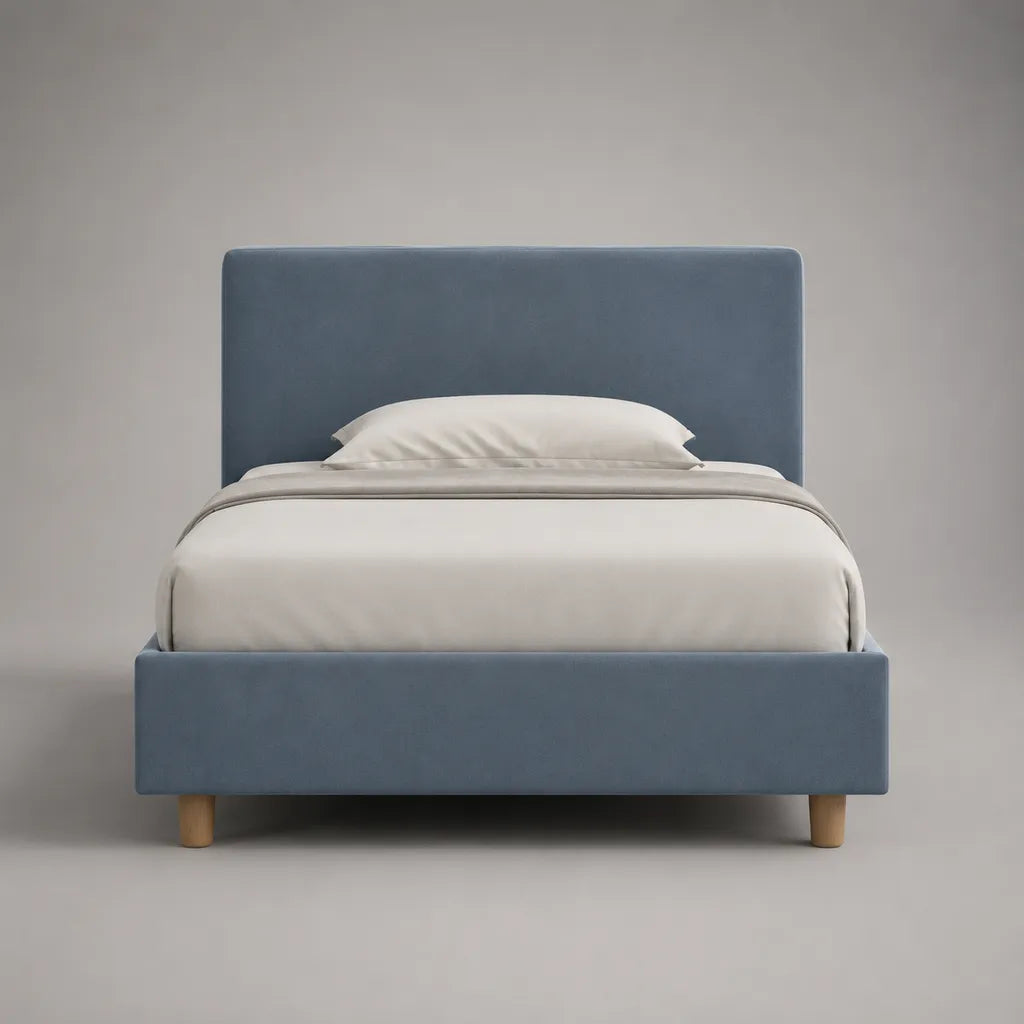 Lit simple rembourré en velours bleu gris 90 × 200 cm avec tête de lit et sommier à lattes