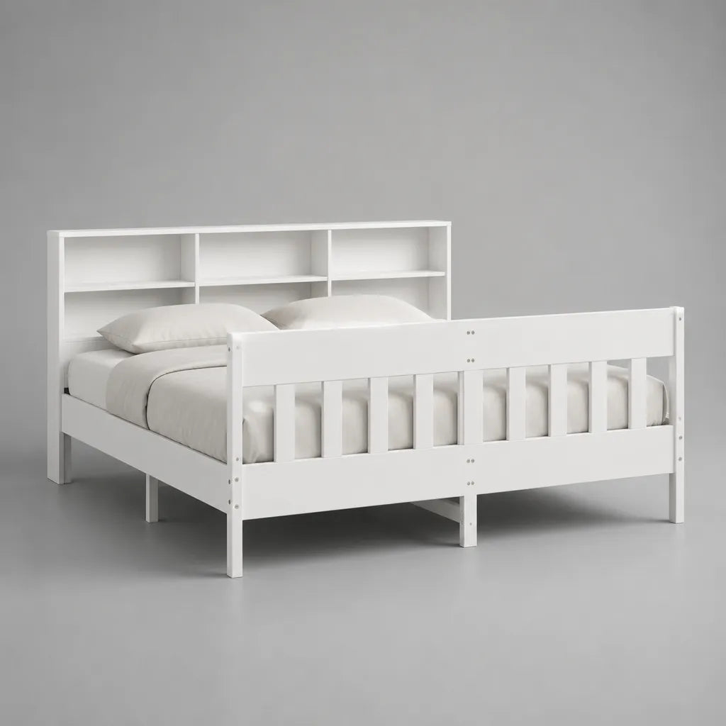 Lit double en pin massif blanc avec tête de lit bibliothèque et pied à barreaux, couchage 140 × 190 cm