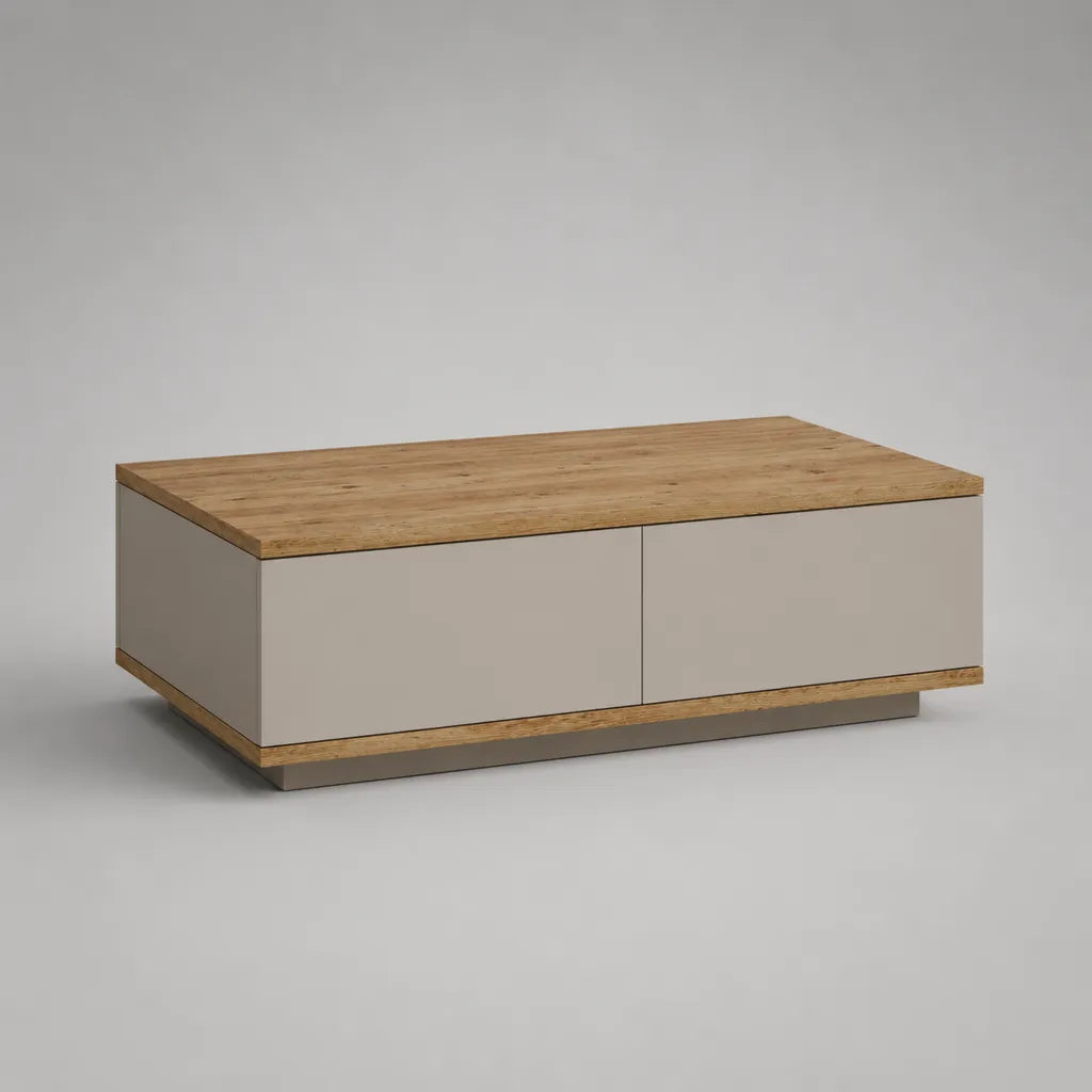 Table basse rectangulaire en panneaux mélaminés avec 2 tiroirs, chêne naturel et taupe, 120 × 60 × 40 cm