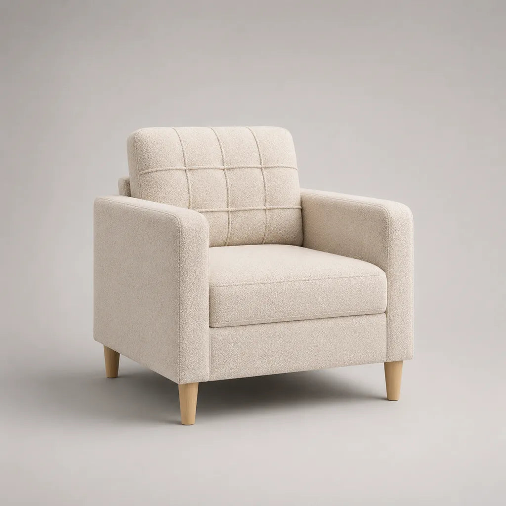 Fauteuil droit 1 place en tissu écru avec pieds en bois naturel, 83 × 80 × 85 cm