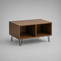 Table basse rectangulaire en bois et métal avec 2 compartiments ouverts, brun noyer et noir, 90 × 55 × 45 cm