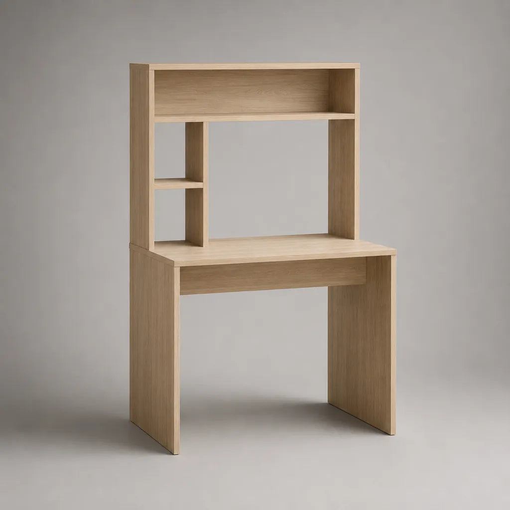 Bureau rectangulaire avec étagères en panneaux de particules mélaminés, chêne clair, 90 × 50 × 145 cm