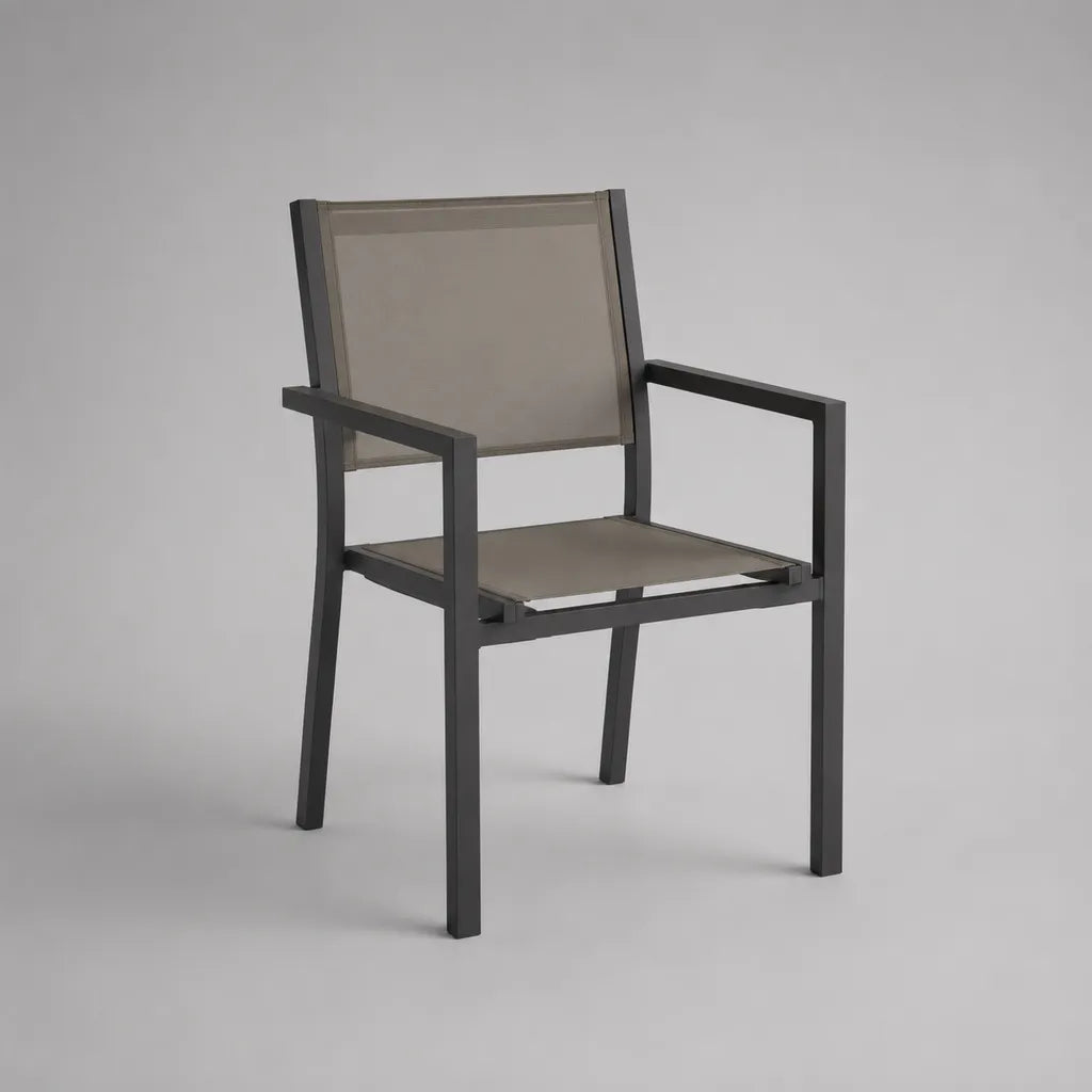 Fauteuil de jardin extérieur empilable en aluminium et textilène anthracite et taupe, 56 × 58 × 88 cm