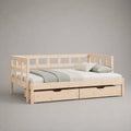 Lit banquette 1 place en bois de pin massif naturel avec 2 tiroirs, couchage 90 × 200 cm, dimensions 205 × 96 × 80 cm