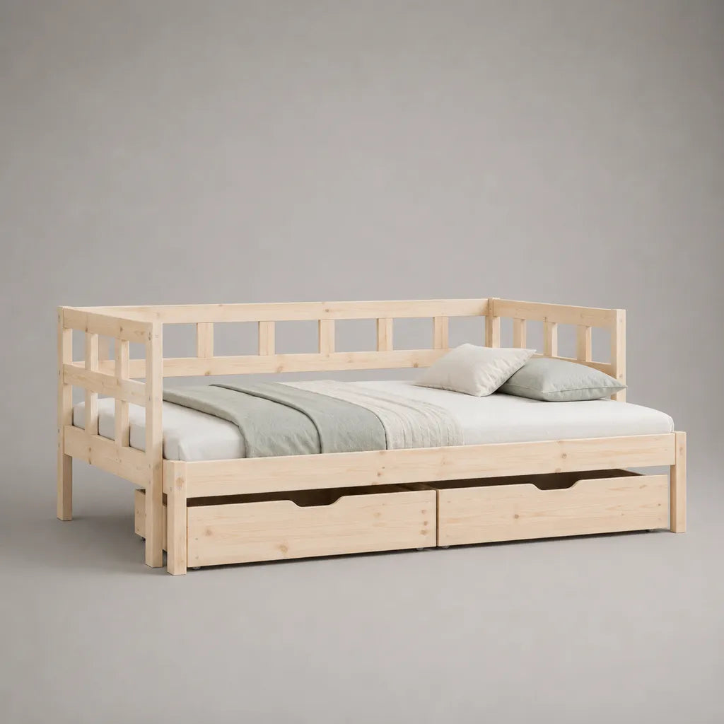 Lit banquette 1 place en bois de pin massif naturel avec 2 tiroirs, couchage 90 × 200 cm, dimensions 205 × 96 × 80 cm