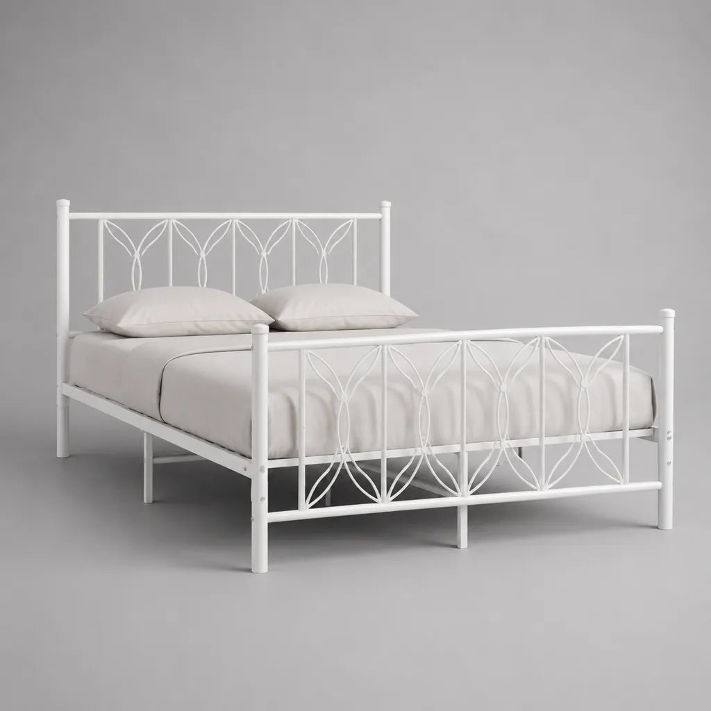 Lit double en acier blanc 140 x 190 cm avec sommier à lattes, dimensions 198 x 146 x 100 cm