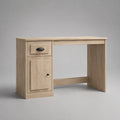 Bureau rectangulaire en panneaux de particules mélaminés avec tiroir et placard, chêne clair et noir, 120 × 50 × 75 cm