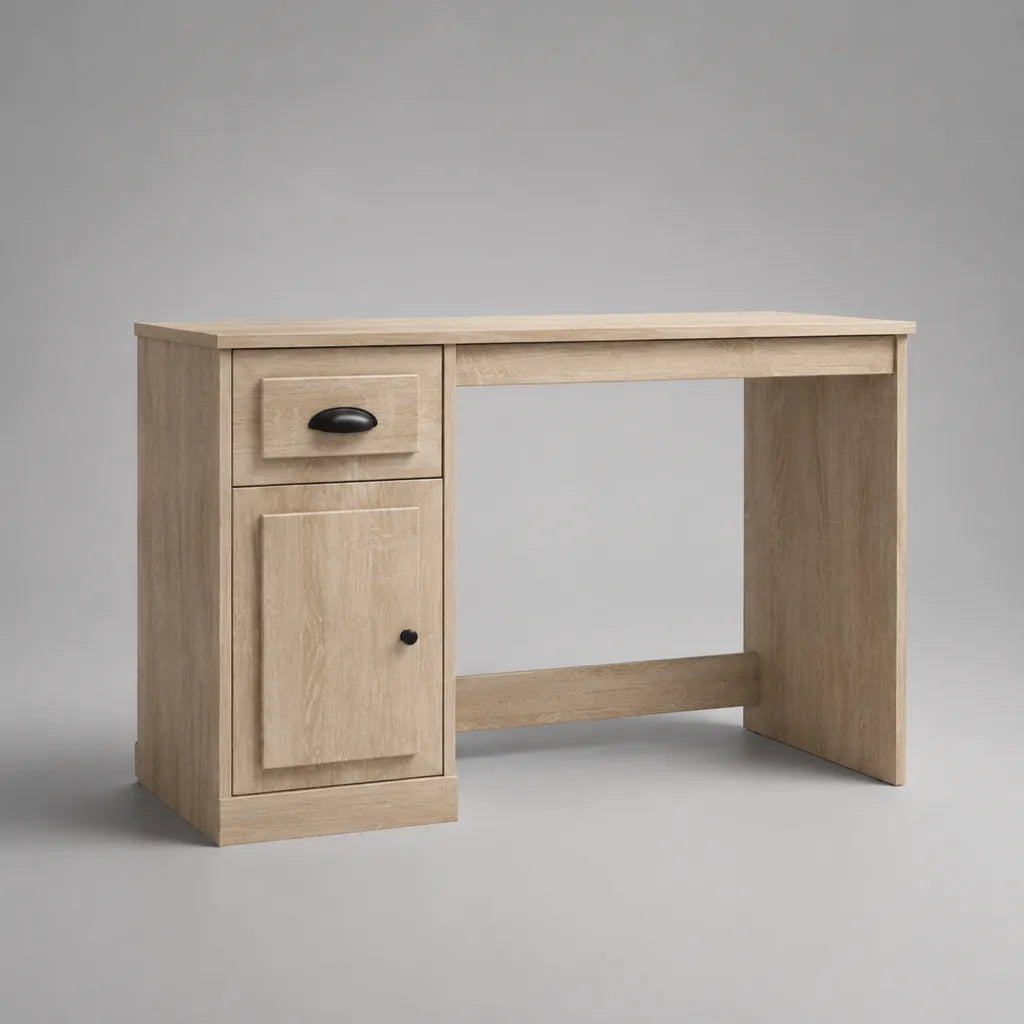 Bureau rectangulaire en panneaux de particules mélaminés avec tiroir et placard, chêne clair et noir, 120 × 50 × 75 cm