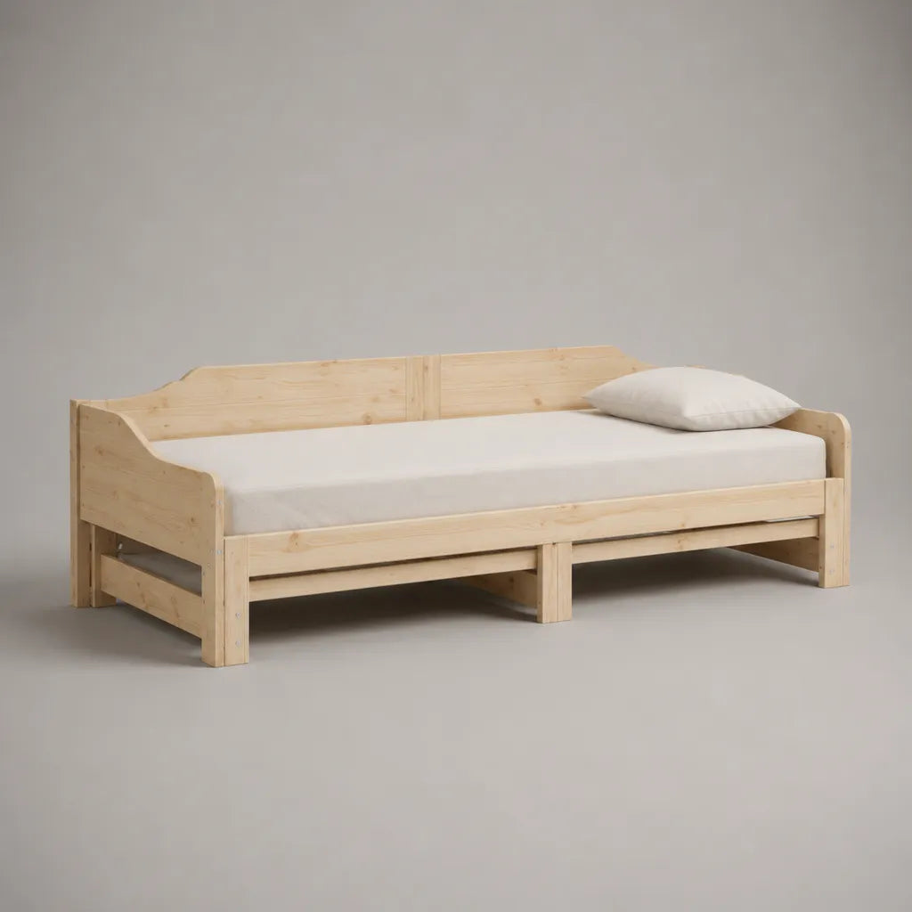 Canapé-lit gigogne rectangulaire 2 places en pin massif naturel, couchage 90 × 190 cm extensible à 180 × 190 cm