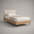 Lit simple 90 x 190 cm en MDF plaqué chêne naturel avec tête de lit en tissu beige et pieds en métal noir