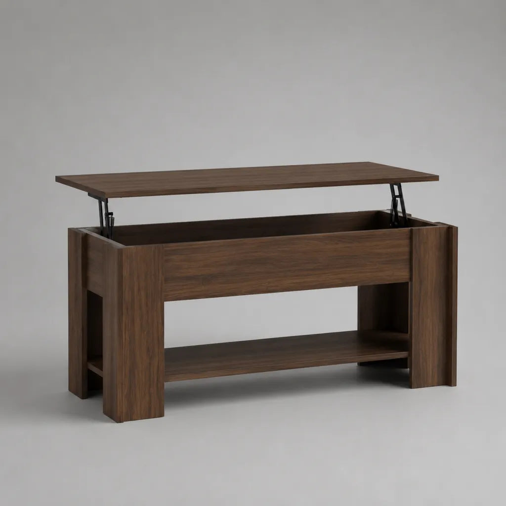 Table basse relevable rectangulaire en panneaux de particules mélaminés, marron noyer et noir, 100 × 50 × 50 cm