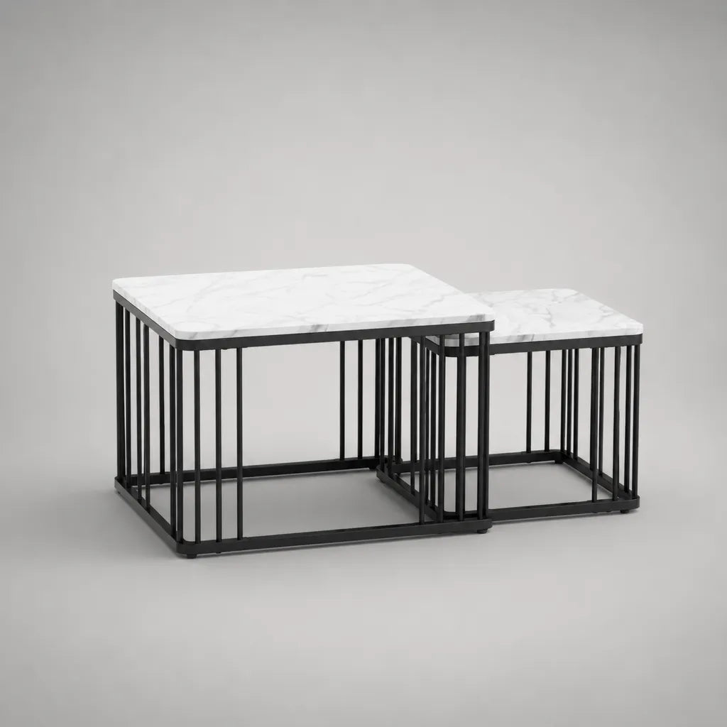 Lot de 2 tables basses gigognes rectangulaires en MDF et acier, effet marbre blanc et noir, 70 × 50 × 45 cm et 45 × 40 × 38 cm