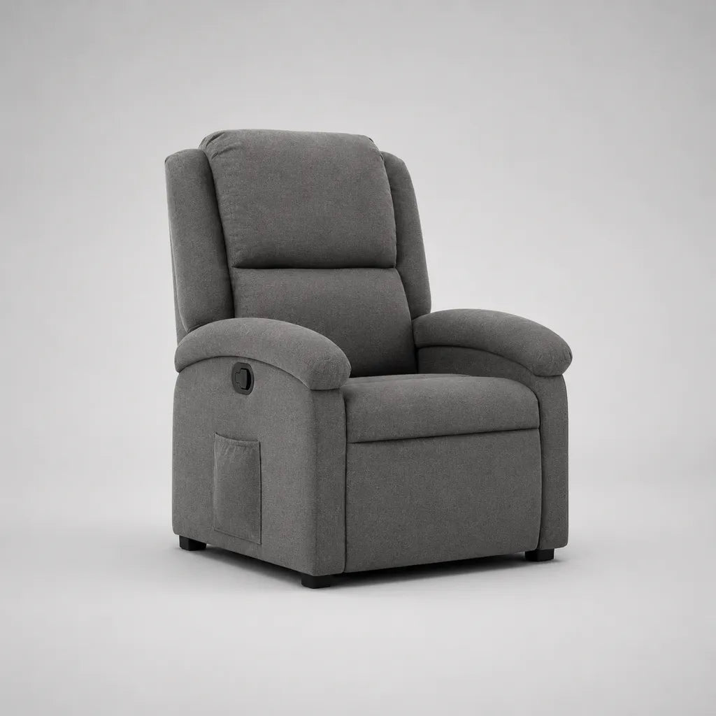 Fauteuil relax manuel inclinable en tissu gris foncé avec repose-pieds et dossier haut, 92 × 93 × 105 cm
