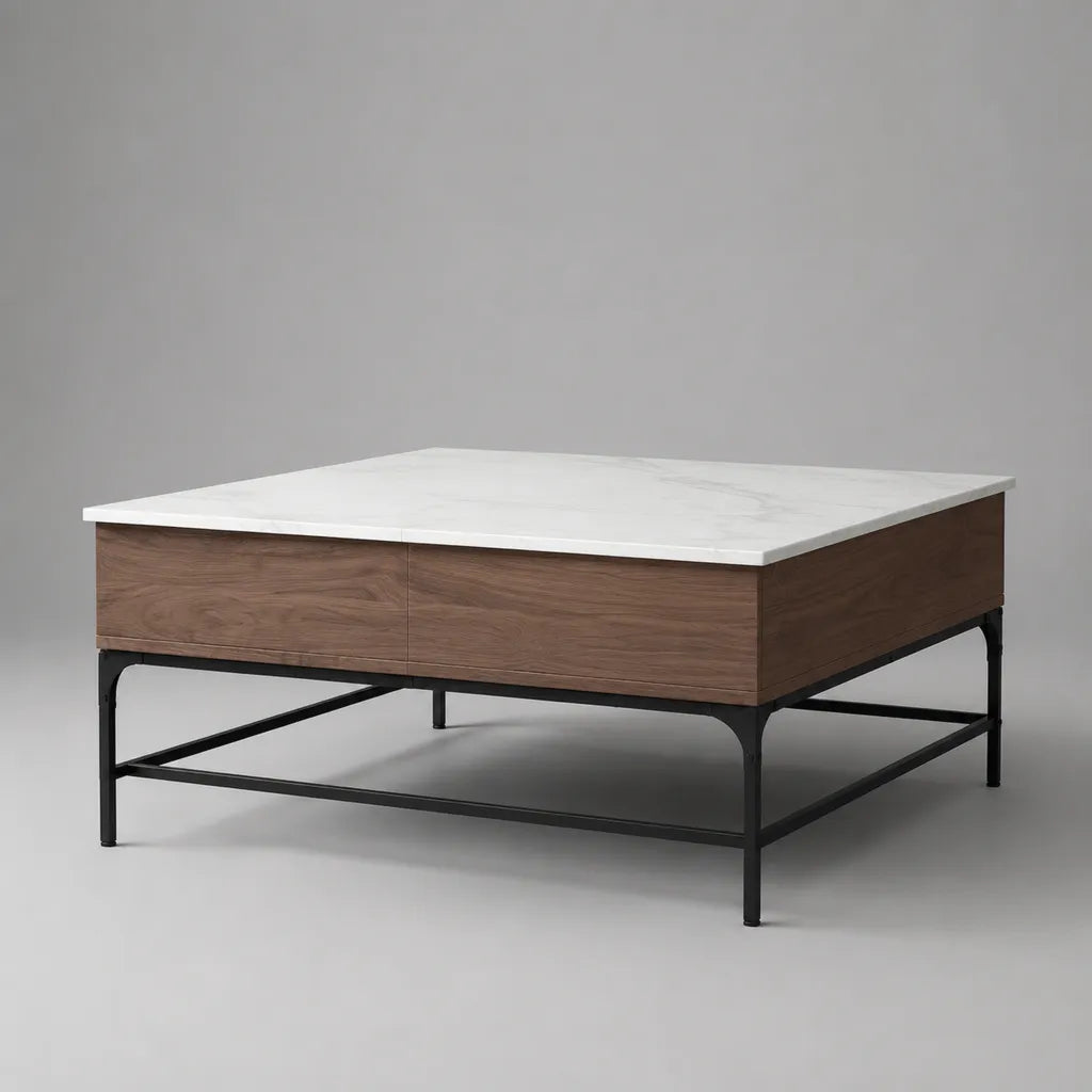 Table basse carrée avec 2 tiroirs, plateau en pierre frittée blanc effet marbre, structure en acier noir, 90 × 90 × 45 cm