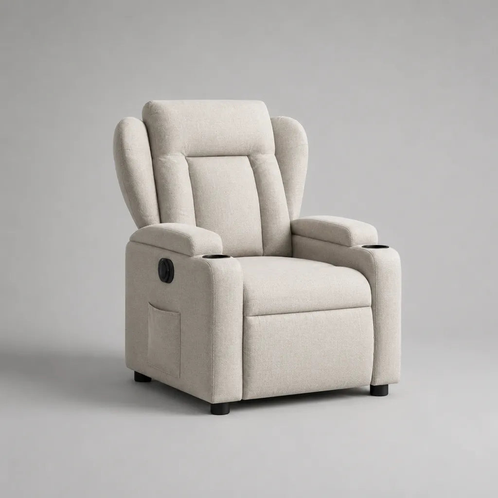 Fauteuil relax manuel 1 place en tissu avec repose-pieds et 2 porte-gobelets, beige et noir, 96 × 92 × 105 cm