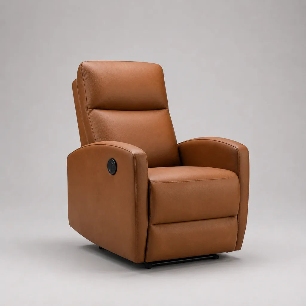 Fauteuil relax inclinable manuel 1 place en similicuir marron cognac et métal noir, 76 × 90 × 105 cm