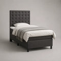 Lit simple 90 × 190 cm en tissu gris foncé avec tête de lit capitonnée et sommier à lattes
