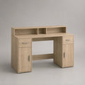 Bureau informatique rectangulaire en bois avec réhausse, 2 tiroirs et 2 placards, chêne clair, 120 × 50 × 110 cm