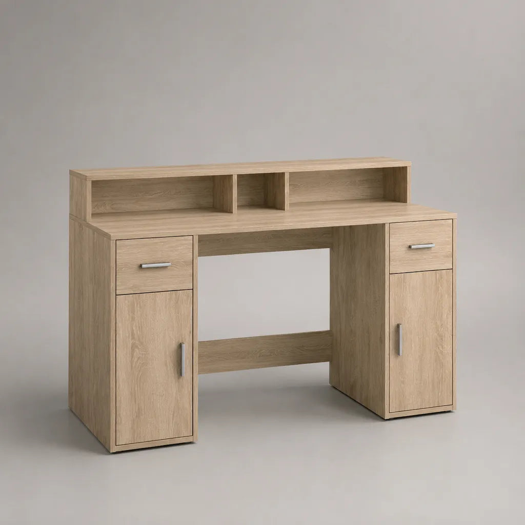 Bureau informatique rectangulaire en bois avec réhausse, 2 tiroirs et 2 placards, chêne clair, 120 × 50 × 110 cm