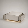 Table basse carrée en bois et métal avec 4 tiroirs et éclairage LED, blanc effet marbre et doré, 100 × 100 × 40 cm